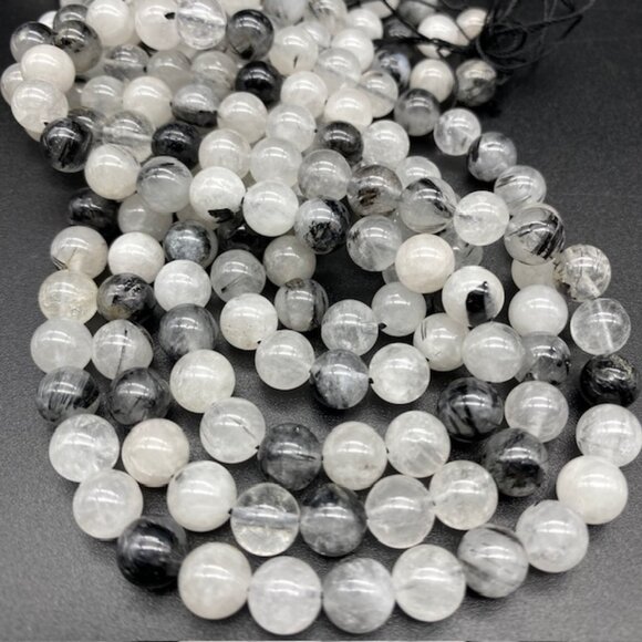 8mm Genuine Natural Tourmalinated Quartz Gemstone Bead Strand - Picture 1 of 3